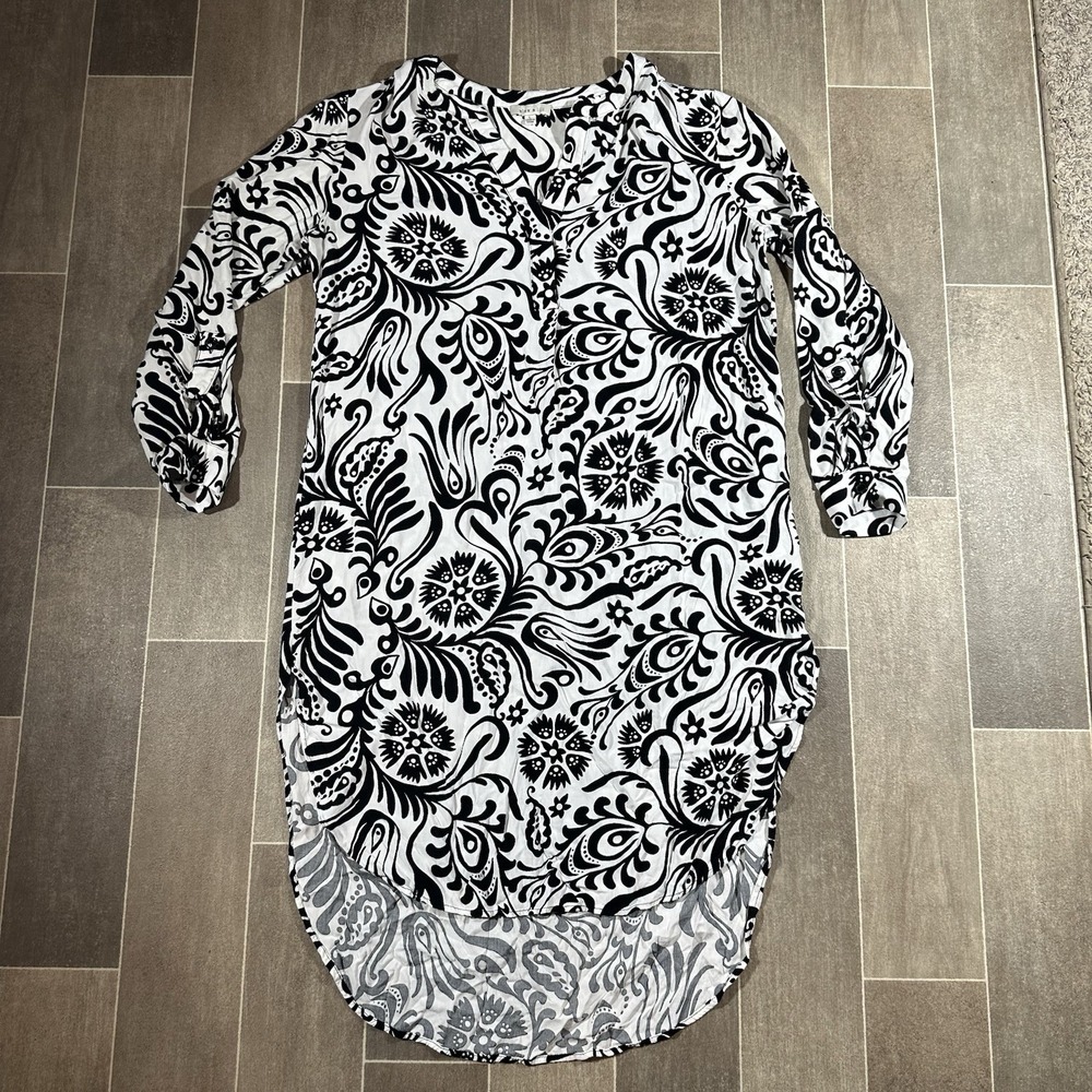 Alex & Lili Women Large Black White‎ Paisley Floral Tunic Shirt Dress High Low